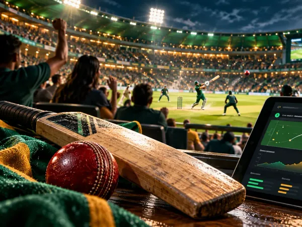 six6s + Cricket bat and ball beside a match dashboard in a floodlit stadium