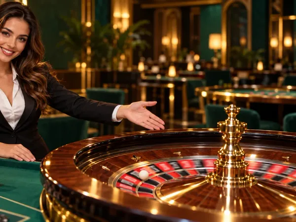 six6s + Female dealer presenting a roulette wheel and chips at a green table