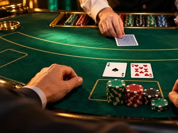 six6s + Blackjack hand with an ace and ten beside casino chips