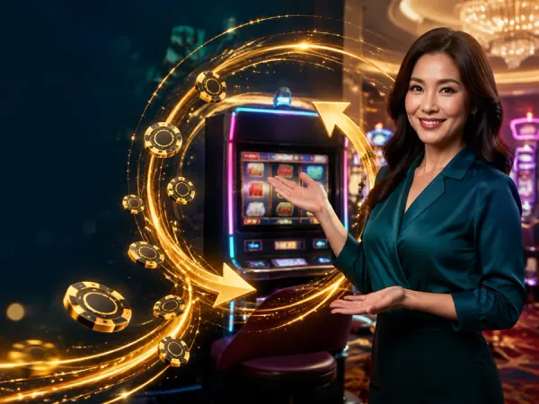 six6s + Woman in a teal blouse beside slot reels and a circular gold light trail