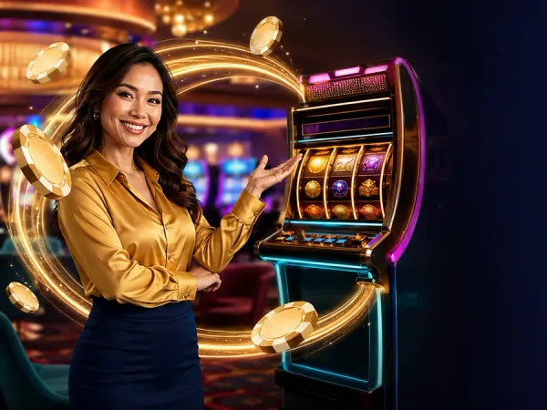 six6s + Woman in a gold blouse presenting a slot machine with a sweeping gold arrow