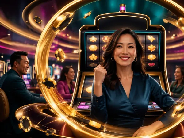 six6s + Woman in a blue blouse before slot reels, framed by a gold ring
