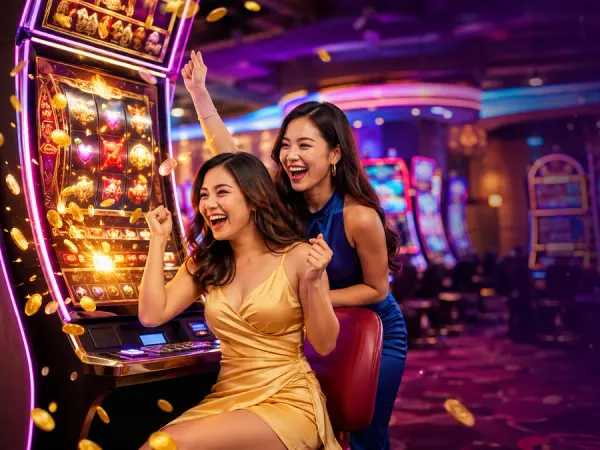 six6s + Two women beside golden slot reels and illustrated coins