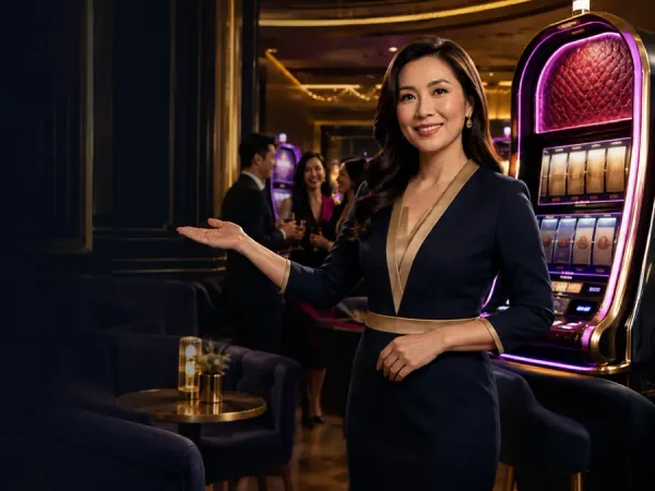 six6s + Woman in a dark blazer beside a slot machine in a dim lounge