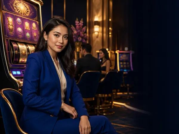 six6s + Woman in a blue suit seated beside slot machines in a warm-lit lounge