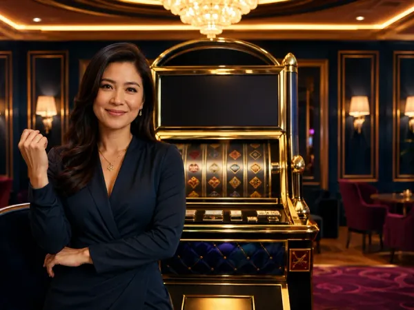 six6s + Woman seated before a gold-framed slot machine in an elegant lounge
