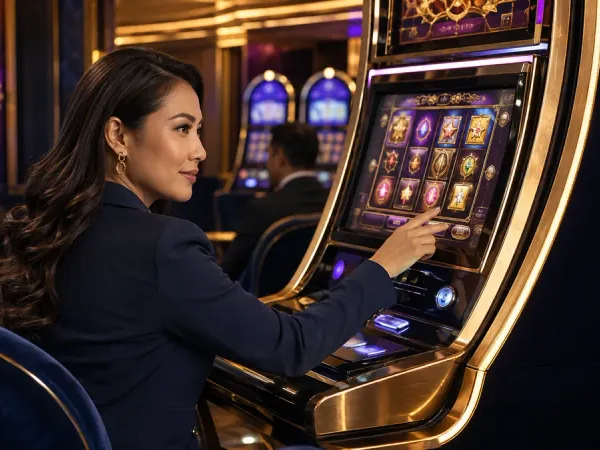 six6s + Seated woman looking back from a gold-trimmed slot machine