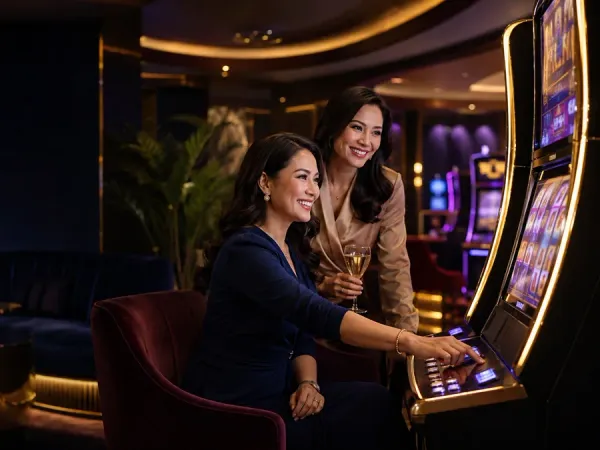 six6s + Two women seated together at slot machines in a dark lounge