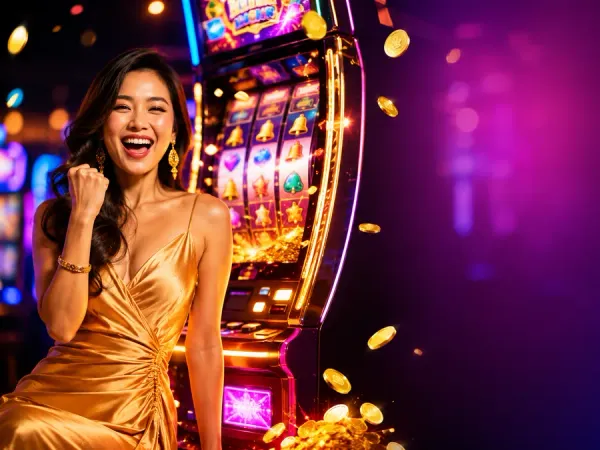 six6s + Woman beside gold-framed slot reels in bright casino lighting
