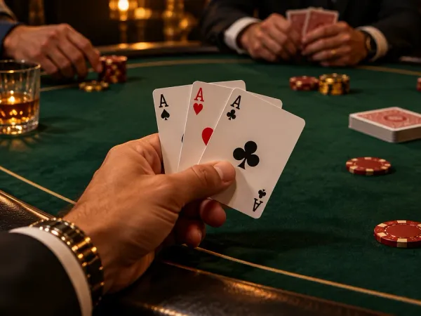 six6s + Player holding three aces above a green card table with casino chips