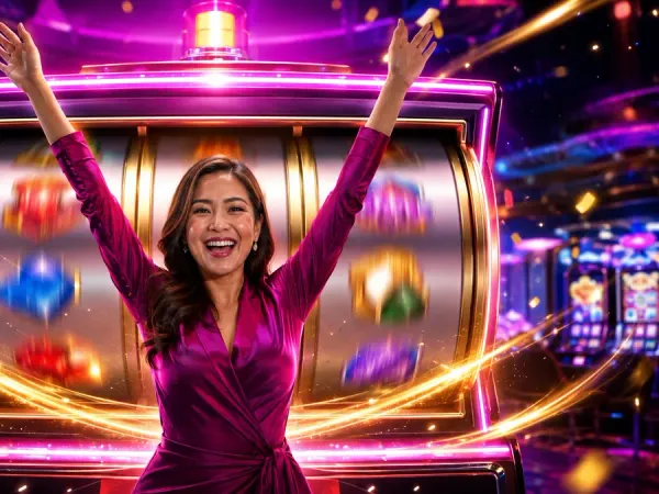 six6s + Woman raising her arms before a large illuminated slot machine