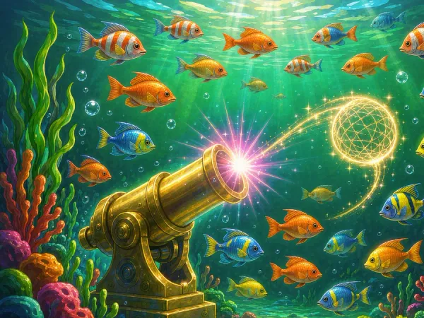 six6s + Golden cannon firing a glowing net at fish in an underwater arcade