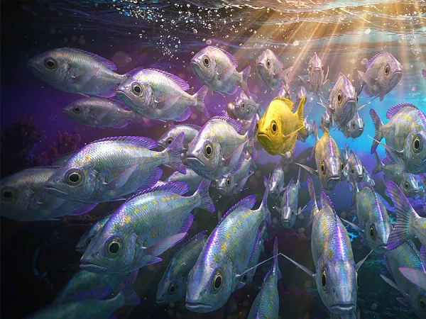 six6s + School of fish swimming among floating coins