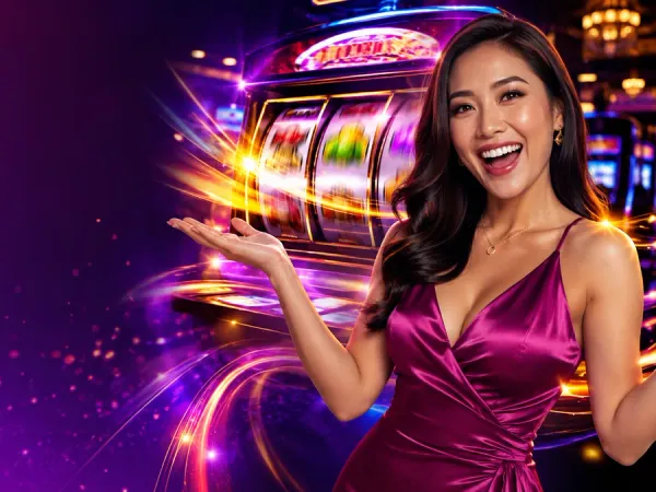 six6s + Woman in a magenta dress beside illuminated spinning slot reels
