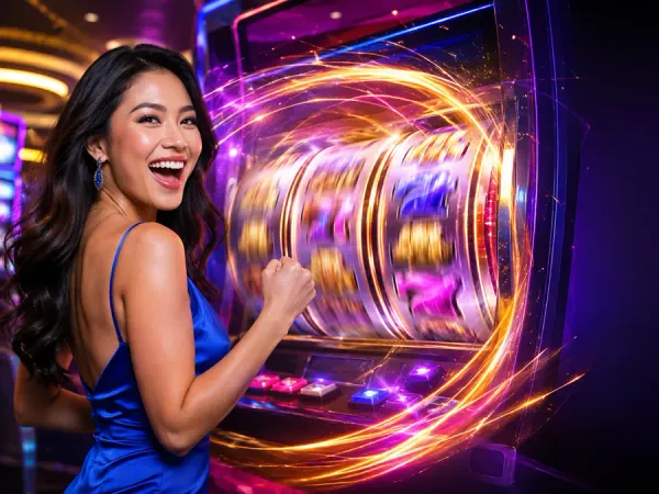 six6s + Woman in a blue dress beside slot reels and a magenta light trail