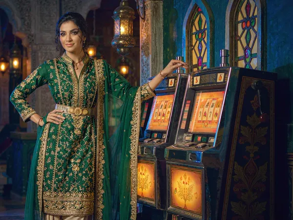 six6s + Woman in an emerald and gold outfit beside illuminated slot machines