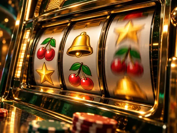 six6s + Slot machine with cherry, bell and star reels and casino chips