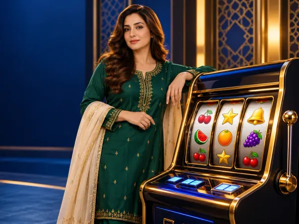 six6s + Woman in an emerald outfit and cream scarf beside fruit slot reels